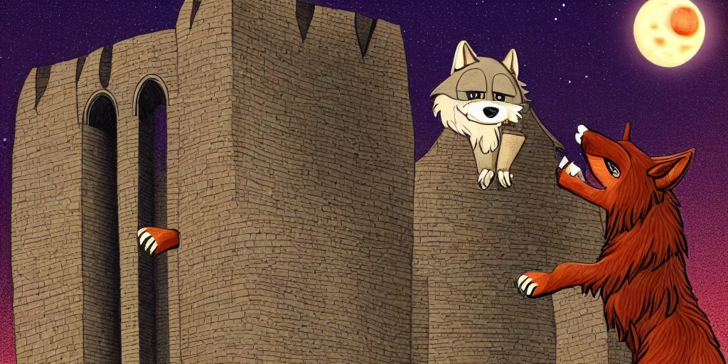 Prompt: anthropomorphic furry wolf inside a giant tower that tracks the stars and planets, illustration