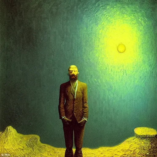 Image similar to a portrait of a man who is sad because he missed the climbing contest - winning digital artwork by salvador dali, beksinski, van gogh and monet. stunning lighting