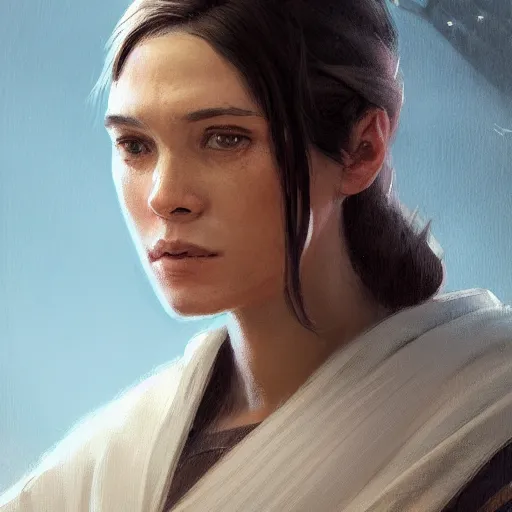 Image similar to portrait of a woman by greg rutkowski, jedi knight allana solo, straight brown hair, jedi robes, star wars expanded universe, she is about 2 0 years old, wearing jedi robes, highly detailed portrait, digital painting, artstation, concept art, smooth, sharp foccus ilustration, artstation hq