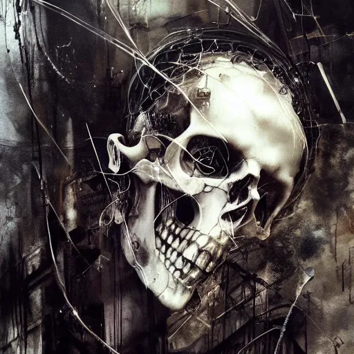 Image similar to skulls wires skin cyberpunk by emil melmoth zdzislaw belsinki craig mullins yoji shinkawa realistic render ominous detailed photo atmospheric by jeremy mann francis bacon and agnes cecile ink drips paint smears digital glitches glitchart