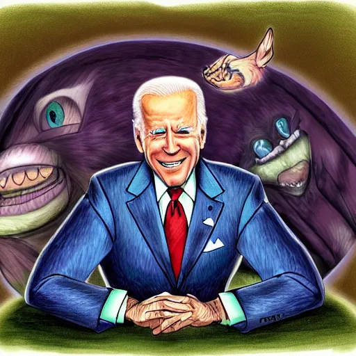 Image similar to joe Biden animorphs into Cheshire Cat, John tenniel art style