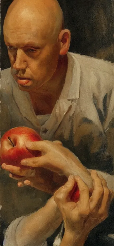 Image similar to painting of a bald man from the 1 9 3 0 looking at an apple with an amazed expression