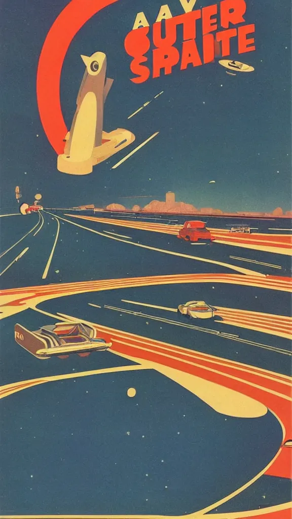 Image similar to a series of highways in outer space with cars on them, 1950s art deco poster, retrofuturism, edward hopper