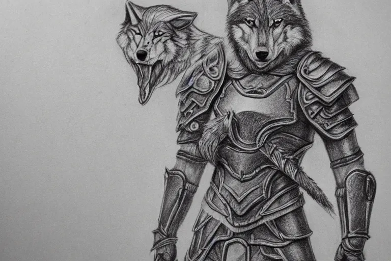 Image similar to a pencil drawing of a wolf, full body, D&D, armor, made by by Pen Tacula