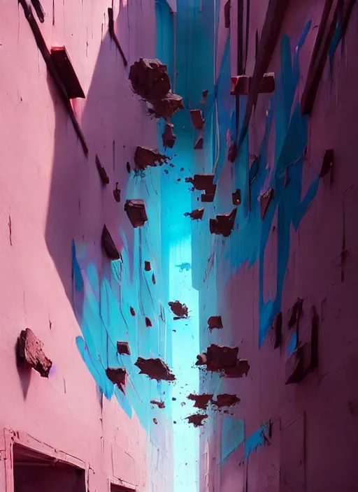 Prompt: matte painting extreme offset 3 d calligraphy graffiti mural dripping paint wall extreme maximalism by by atey ghailan, by greg rutkowski, by greg tocchini, by james gilliard, by joe fenton, by artur bordalo, pink, brown, black and light blue color scheme, octane render