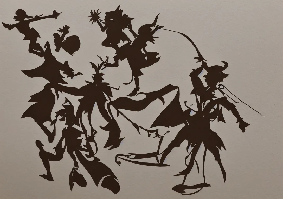 Image similar to a simple cut paper sculpture of peter pan and captain hook