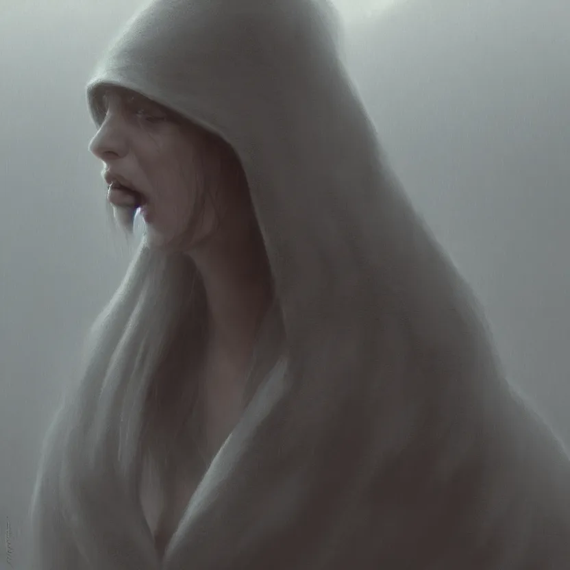 Prompt: A young woman wearing a hooded robe, anatomically correct, perfect face, cinematic lighting, candid, intricate, elegant, highly detailed digital painting, trending on Artstation, concept art, smooth, sharp focus, illustration and art by Beksinski, by Simon Stalenhag, anime-style