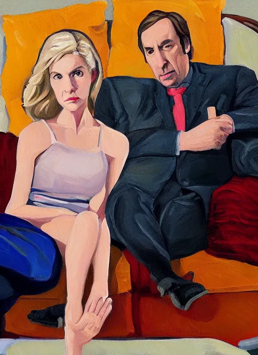 Prompt: jon hale painting of kim wexler and saul goodman sitting on couch, ominious, strange composition, visible brush strokes