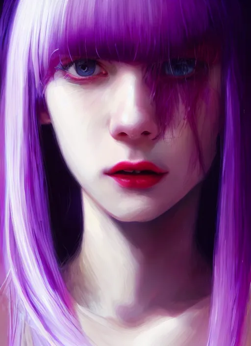 Image similar to hair whitebangs hair, black hair, whitebangs, portrait of teenage girl with white bangs, red irises, purple clothes, white bangs, bangs are different color from hair, intricate, elegant, glowing lights, highly detailed, digital painting, artstation, concept art, smooth, sharp focus, illustration, art by wlop, mars ravelo and greg rutkowski