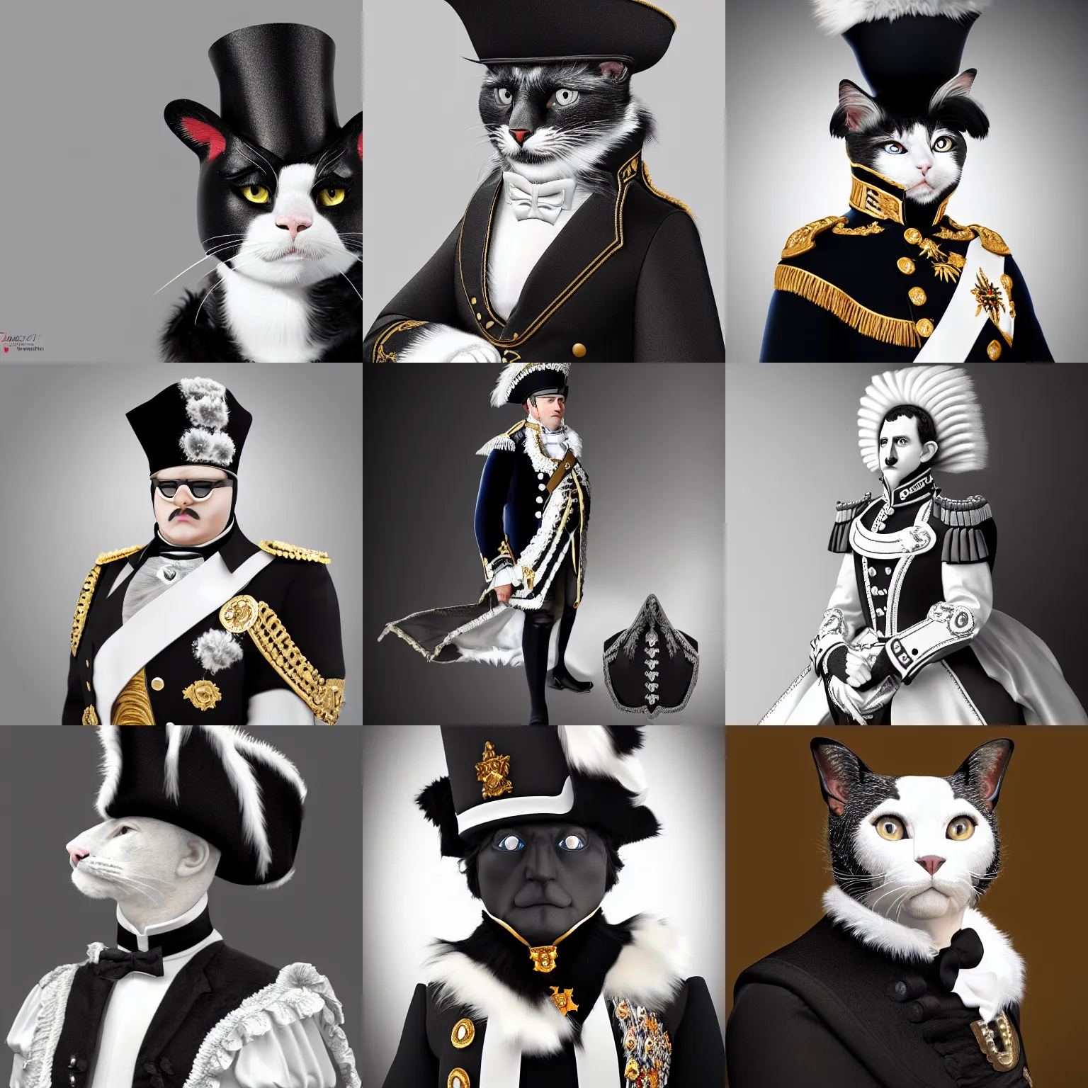 Prompt: Black and White cat dressed as napoleon in full dress uniform, hyper realistic, photorealistic, extremely detailed fur, octane render, 8k, intricate details, studio lighting