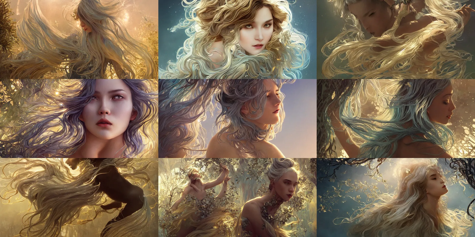 Prompt: wide angle panther, metallic silver and ice color reflected crystal hair, leaping from babaob tree, fantasy, intricate, very beautiful, elegant, golden light, highly detailed, digital painting, artstation, concept art, smooth, sharp focus, illustration, art by wlop and tian zi and alphonse mucha