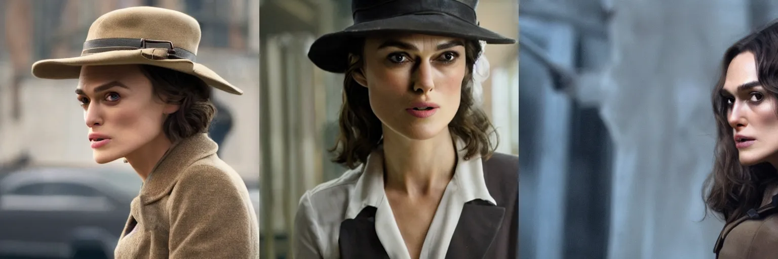 Prompt: close-up of Keira Knightley as a detective in a movie directed by Christopher Nolan, movie still frame, promotional image, imax 70 mm footage