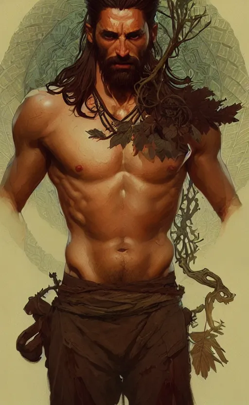 Image similar to god of the forest, 3 0 years old, rugged, male, gorgeous, detailed face, amazing, thighs, ottoman, muscular, intricate, highly detailed, digital painting, artstation, concept art, sharp focus, illustration, art by greg rutkowski and alphonse mucha