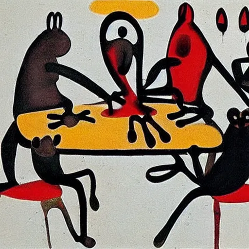 Prompt: by joan miro, by tony northrup in greece insane. a beautiful sculpture of a group of monkeys playing backgammon. the monkeys are seated around a table, with some of them appearing to be deep in concentration while others appear to be playing more casually.