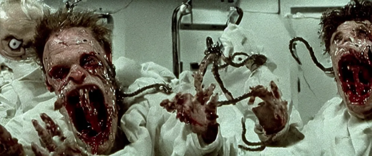 Image similar to filmic extreme close up shot movie still 4 k uhd interior 3 5 mm film color photograph of a twisted man with tentacles in a bloody lab coat grabbing a soldier who is screaming in terror by the arm in a lab in antartica, in the style of the horror film the thing 1 9 8 2