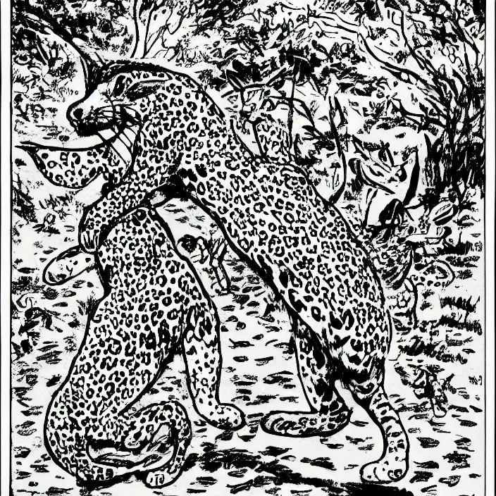 Prompt: a still frame from comic strip, leopard dancing with rabbit 1 9 5 0, herluf bidstrup, new yorker illustration, monochrome contrast bw, lineart, manga, tadanori yokoo, simplified,