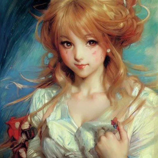 Prompt: a detailed portrait of a cute anime girl, painting by gaston bussiere, suki, j. c. leyendecker