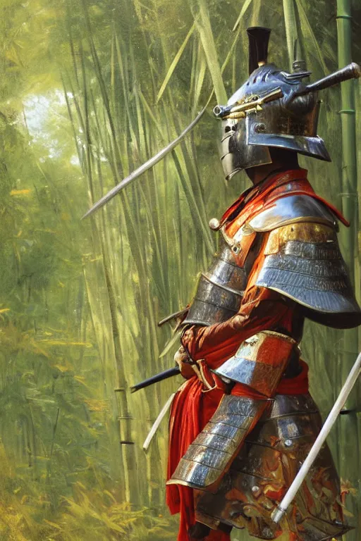 Image similar to close up of samurai warrior in full armor, in a bamboo forest, by vladimir volegov and alexander averin and delphin enjolras and daniel f. gerhartz