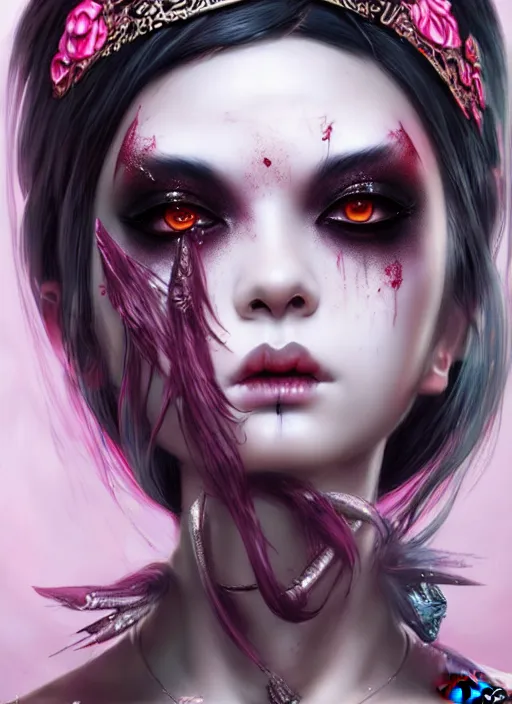 Prompt: soft lustrous ebony geisha seductive raver yakuza gothic gutter punk, urban decay dark fantasy, dark art, highly detailed, digital painting, octane render, artstation, concept art, smooth, sharp focus, illustration, art by artgerm, loish, wlop