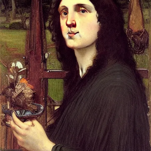 Prompt: A striking Pre-Raphaelite witch with intense eyes and jet black hair, by John Collier, by John William Waterhouse, by John Everett Millais