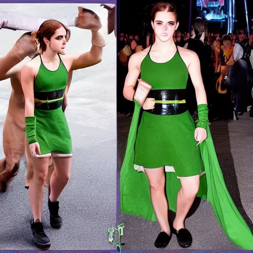 Image similar to emma watson cosplaying as the hulk, muscly emma watson wearing a hulk costume, emma watson jacked beefy cosplay award winner, full body shot