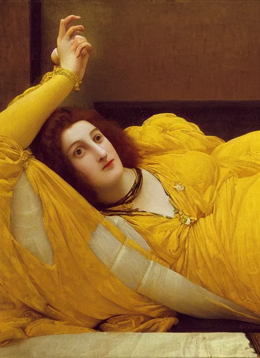 Prompt: masterpiece portrait of lady reclining on bed wearing yellow ochre ornate medieval dress, foreshortening, colour photography by frederic leighton, william morris, 8 k