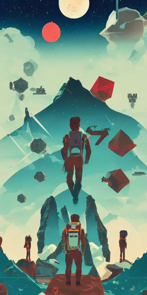 Image similar to no mans sky, dark 2D matte gouache illustration, poster, style of wes anderson