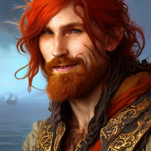 Image similar to portrait of a young ruggedly handsome but joyful pirate, male, masculine, upper body, red hair, long hair, d & d, fantasy, roguish smirk, intricate, elegant, highly detailed, digital painting, artstation, concept art, matte, sharp focus, illustration, art by artgerm and greg rutkowski and alphonse mucha