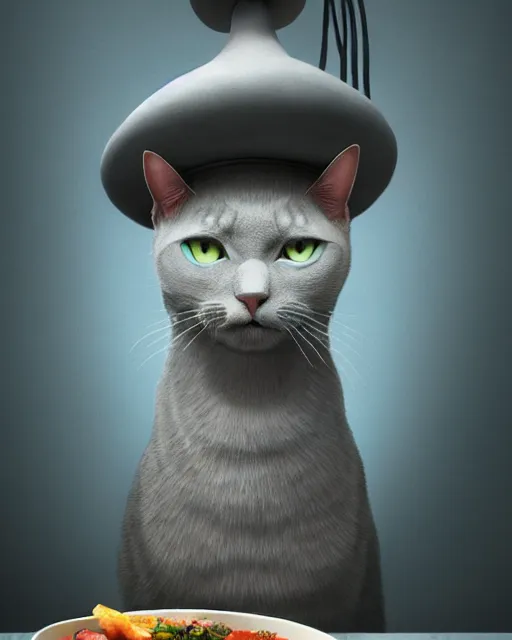 Prompt: highly detailed surreal vfx portrait of a grey cat with chefs hat on cooking a meal, stephen bliss, unreal engine, greg rutkowski, loish, rhads, beeple, makoto shinkai and lois van baarle, ilya kuvshinov, rossdraws, tom bagshaw, alphonse mucha, global illumination, detailed and intricate environment