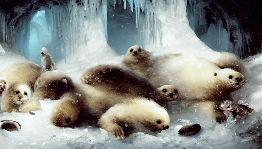 Image similar to highly detailed painting of cute furry white baby seals eating fish inside a snowy fantasy ice crystal cavern by william turner, by greg rutkowski, by william constable, thick brush strokes and visible paint layers, 4 k resolution