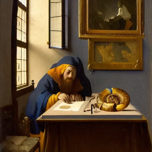 Image similar to An oil painting of a man sat at an escritoire desk with his hand touching an ammonite fossil, there is a window with muntins to his left and a wood closet behind him, in the style of The Astronomer by Vermeer, Dutch Golden Age, Old Masters