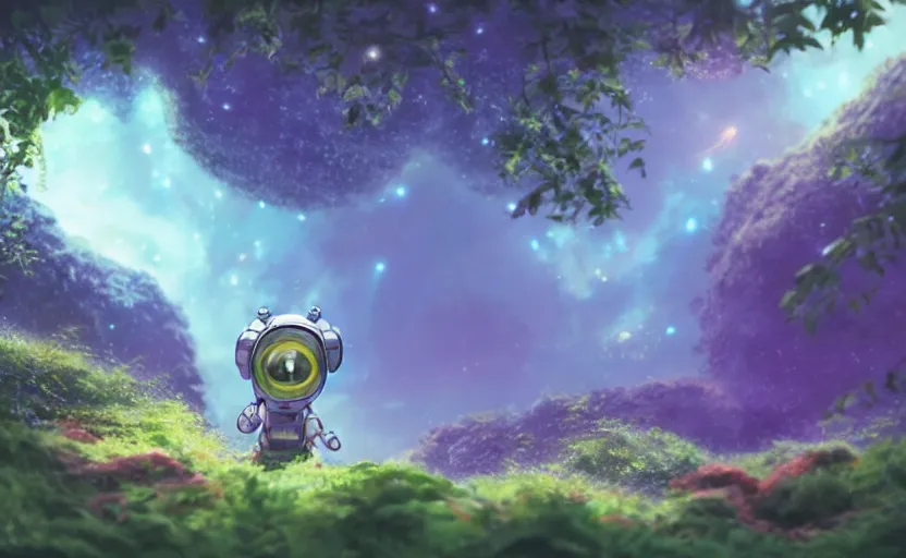 Image similar to a still of a cute adorable tiny astronaut, on a planet of lush foliage, with an enormous kaiju dragon surrounding the background, magical forest, sharp focus, neon backlit, highly detailed, disney pixar studio ghibli makoto shinkai, digital painting, matte, octane render, global illumination, iridescent, anime, 8 k concept art