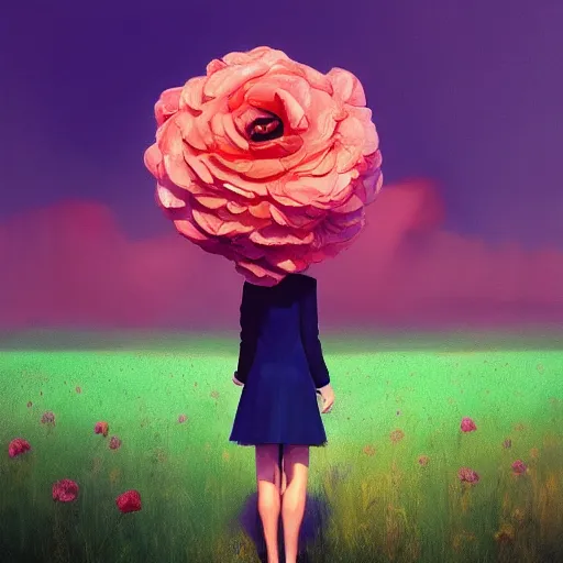 Image similar to portrait, giant rose flower head, girl dancing in a suit, surreal photography, sunrise, blue sky, dramatic light, impressionist painting, digital painting, artstation, simon stalenhag