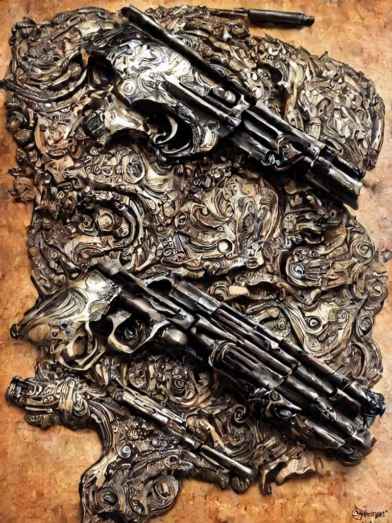 Prompt: carving of machine guns shotguns rifles revolvers bullets, dark vintage paperback cover, ultra-realistic, intricate details, biomechanical fluid,