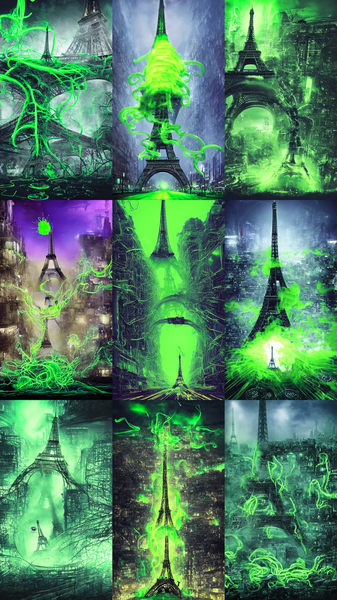 Prompt: giant larva with tentacles attacks and destroys and blows up the eiffel tower in glowing green luminous slime, dark foggy streets with neon signs, running and screaming people, futuristic, dramatic, ultra - realistic, landscape, perspective, hight detailed, no blur, 8 k