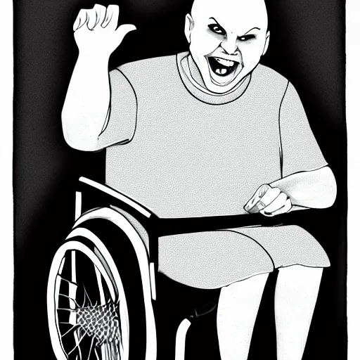 Image similar to billy corgan in an old man's wheelchair in front of an amusement park, laughing, smiling at child's photograph, realistic photo, photoshop, cartoon drawing, hand drawn, digital cartoon, caricature