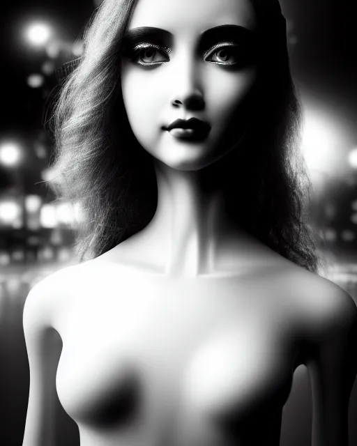 Image similar to black and white dreamy young beautiful female artificial intelligence, metropolis, cinematic, rim light, bokeh, photo - realistic, elegant, high detail, 8 k, masterpiece, photo taken in 1 9 3 0