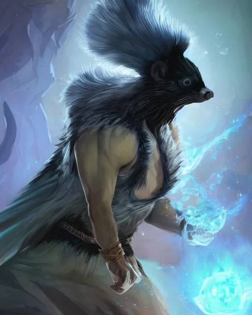 Prompt: Skunk Shapeshifter Druid Mage, D&D, artstation, fantasy, magic the gathering artwork, cinematic lighting, centered, symmetrical, highly detailed, digital painting, , concept art, smooth, sharp focus, illustration, volumetric lighting, epic Composition, 8k, art by Akihiko Yoshida and Greg Rutkowski and Craig Mullins, oil painting, cgsociety