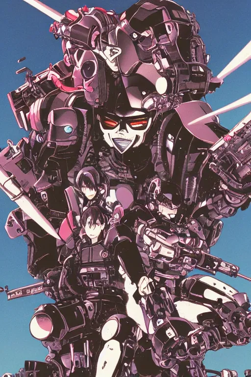 Image similar to boomers from bubblegum crisis at dusk, a color illustration by tsutomu nihei, katsuhiro otomo, masamune shirow