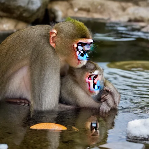 Prompt: a family of Japanese macaques in a snowy hot spring, oranges floating in the water, early morning