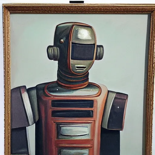 Prompt: oil painting portrait of a steel robot wearing 1 8 th century aristocratic clothing, elegant,