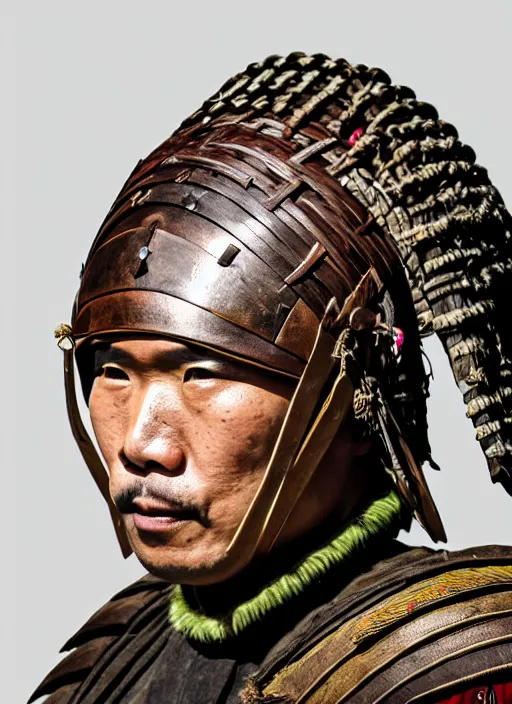 Prompt: tai warlord, closeup portrait, historical, ethnic group, traditional tai costume, bronze headset, leather shoulder armor, fantasy in