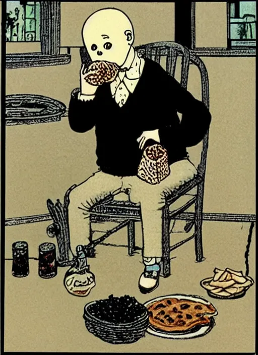 Prompt: child eating mcdonald's, by edward gorey