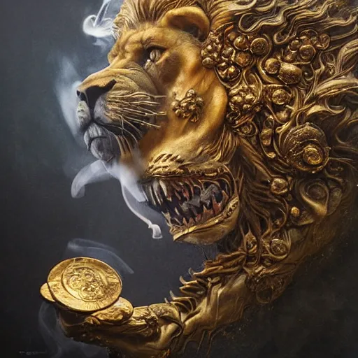 Image similar to a beautiful detailed 3 d matte portrait of a smoke lion, by ellen jewett, by tomasz alen kopera, ominous, magical realism, texture, intricate, skull, skeleton, gold coins, money, whirling smoke, alchemist bottles, radiant colors, fantasy, volumetric lighting, high details