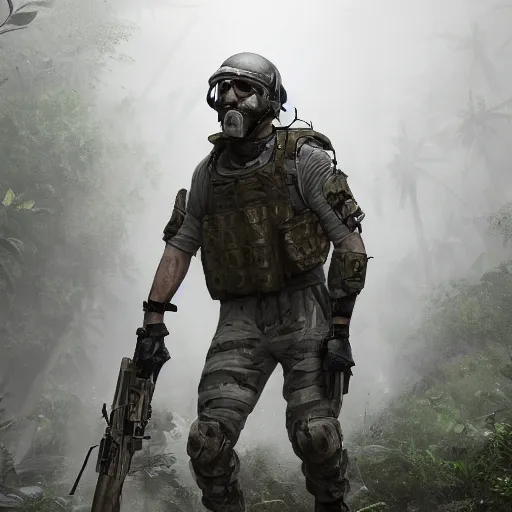 Image similar to Wounded Mercenary Special Forces soldier in light grey uniform with black armored vest and helmet crawling to cover in the jungles of Tanoa, combat photography by Feng Zhu, highly detailed, excellent composition, cinematic concept art, dramatic lighting, trending on ArtStation