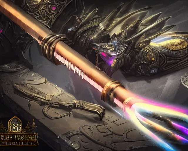Image similar to legendary glowing sword of cybernetic technology on a table, digital award winning hd matte painting, intimate dark moody, intricate, long sharp black and iridescent blade, ornate spikes, colorful hilt, detailed realistic, raytraced blade, colored gems, golden pommel, in the style of greg rutkowski and krenz cushart, trending on artstation and deviantart