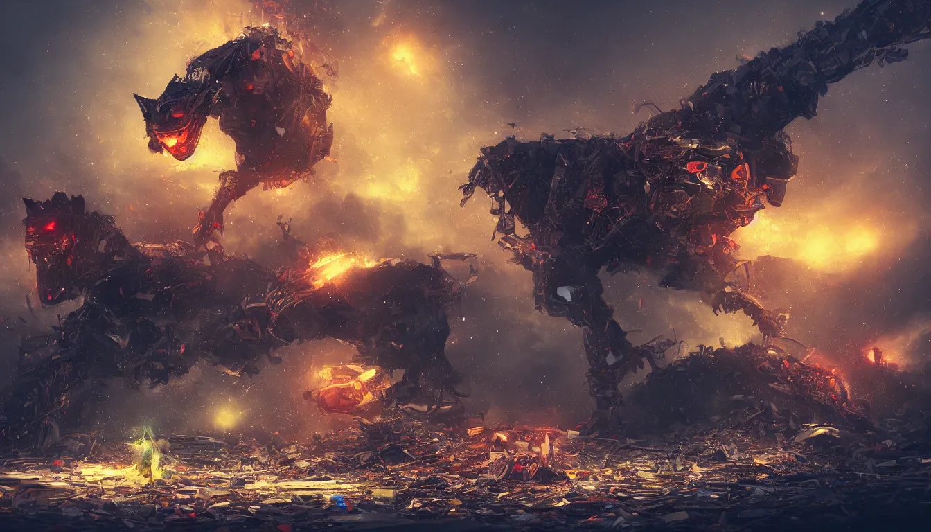 Prompt: ai limbo, gigantic robotic cat with red eyes walks in a trash heap in yellow mist, digital art, trending on artstation, 8k, epic composition, highly detailed,