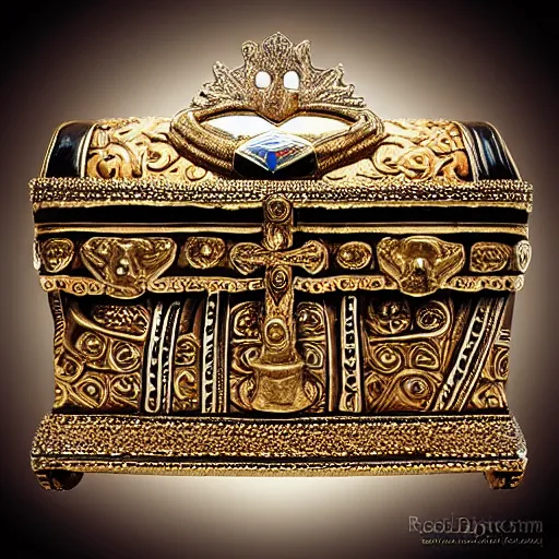 Prompt: Ornate Embellished Casket with Ancient Mummy King rising out Treasure Jewels Coins Dark Fantasy Art HDR