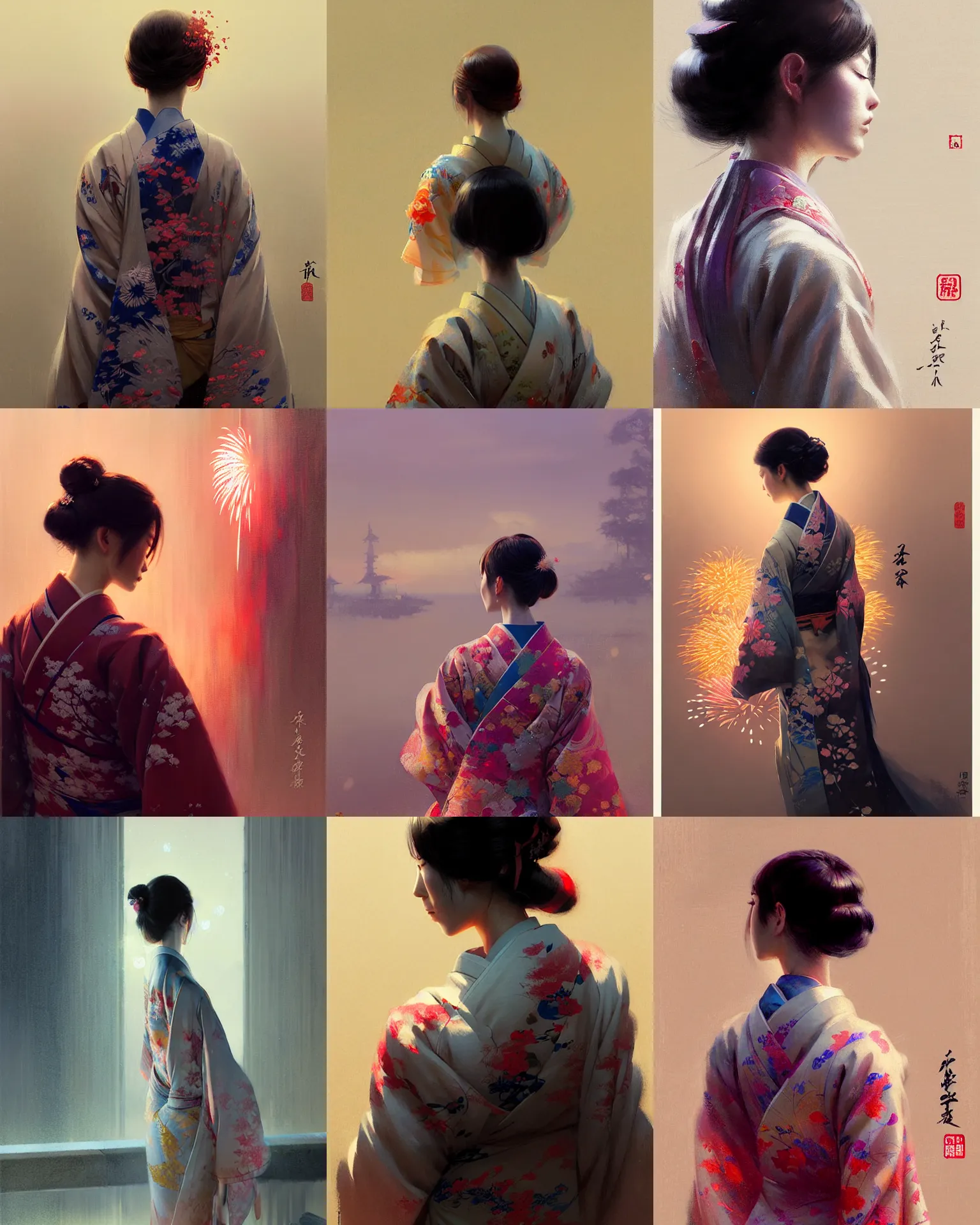 Prompt: back portrait of a beautiful female in kimono watching fireworks, intricate, sharp focus, illustration, highly detailed, digital painting, concept art, matte, art by ruan jia and wlop and greg rutkowski, masterpiece