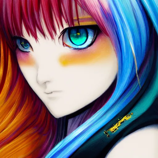 Prompt: profile shot of rimuru tempest, sky blue straight hair, long bangs, gold eyes, smug, wearing a black jacket with white stripes, high collar, ultra detailed, brush strokes, digital painting, cinematic, artstation wlop, closeup, pixiv, eerie, scary, by cutesexyrobutts, yoshitaka amano, andy warhol,